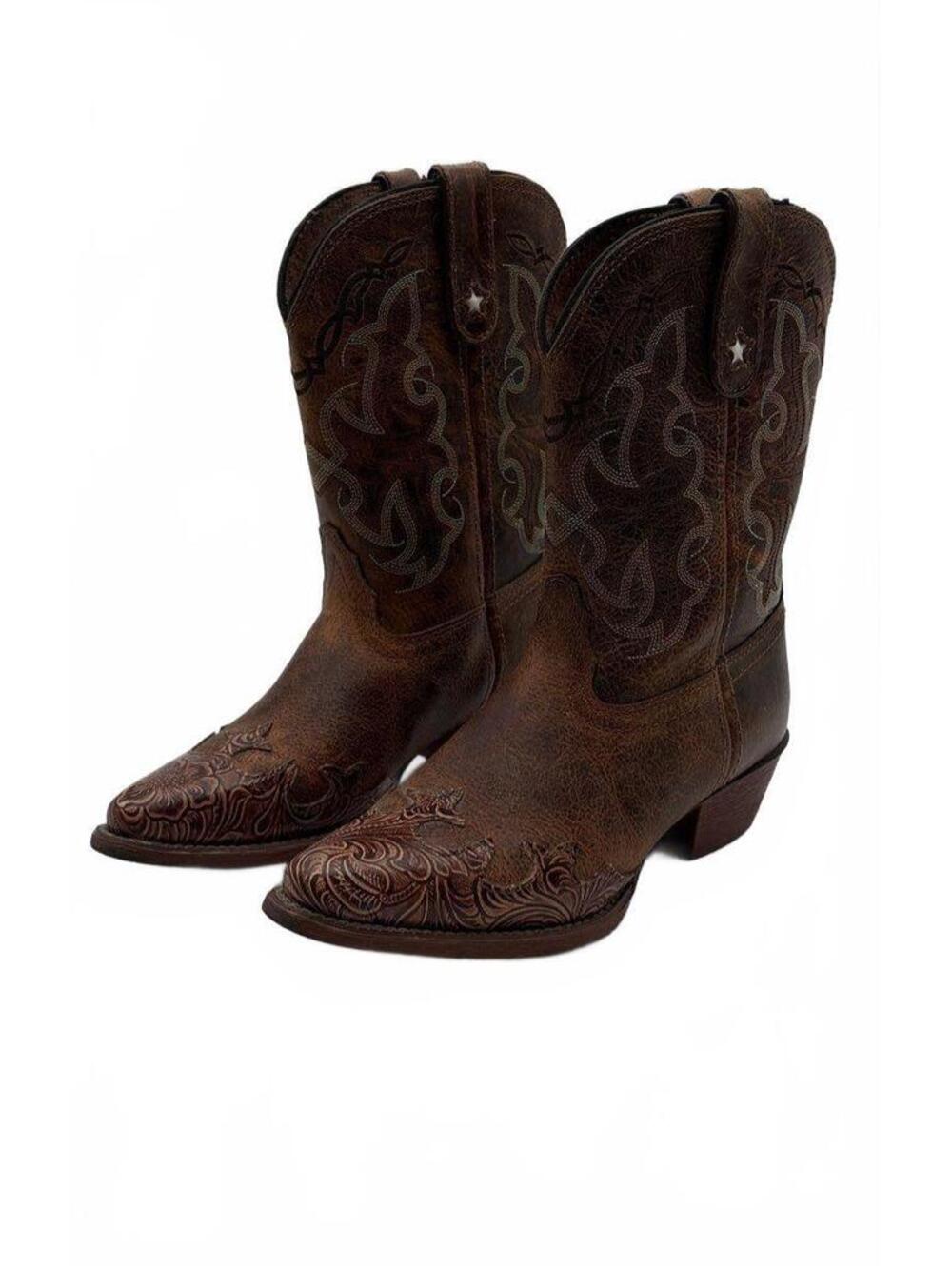 Tony Lama LL301 Brown Leather Floral Tooled Toe Western Cowboy Boots Size 4D